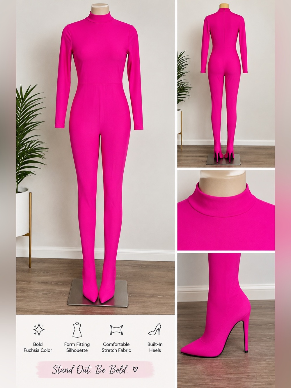 Bold Fuchsia Long-Sleeve Mock-Neck Jumpsuit